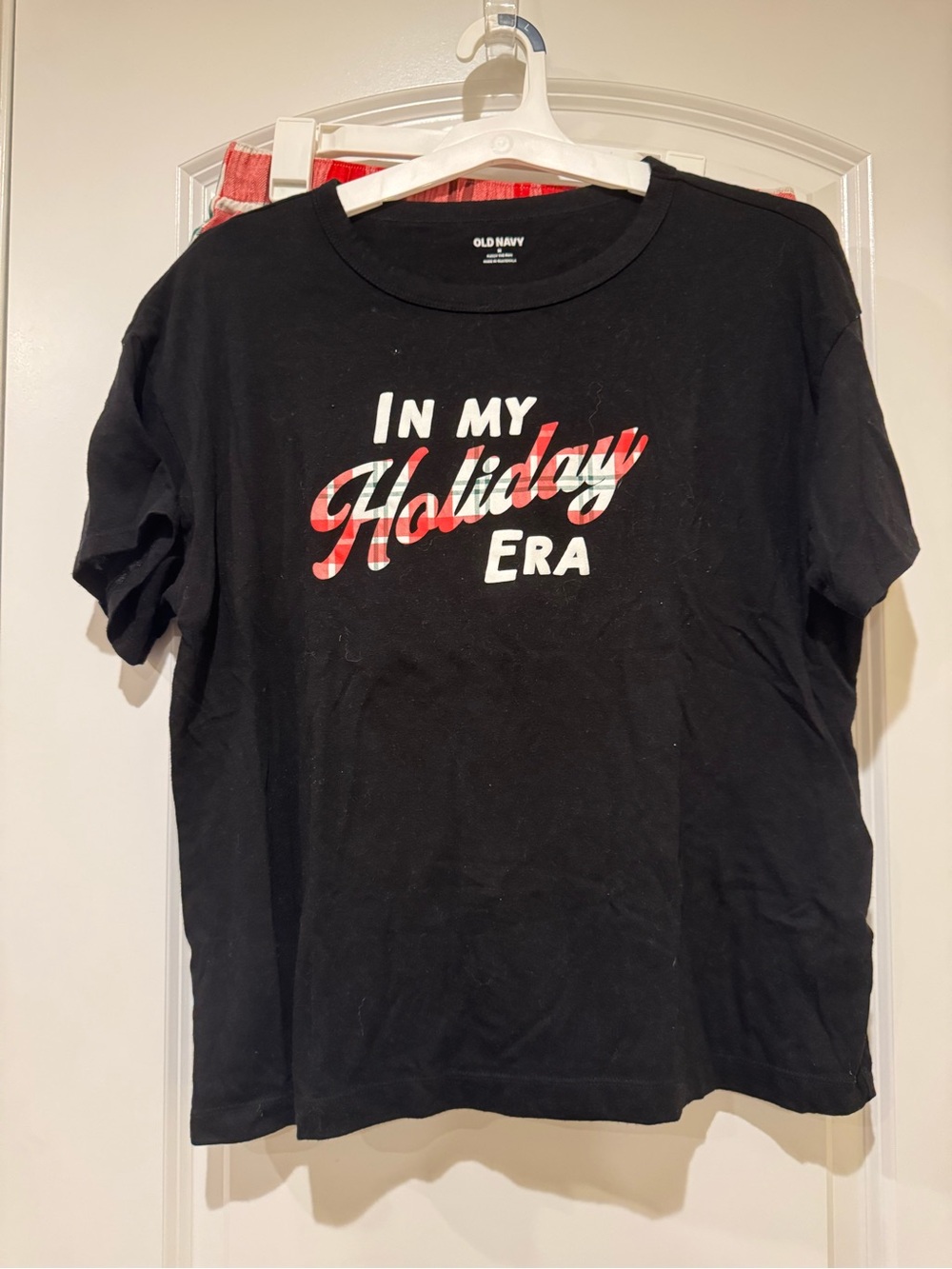 Old Navy Black Holiday Graphic Tee with Red Plaid Accent & matching plaid shorts